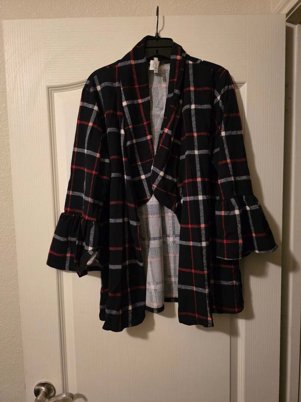 Moa USA Black Plaid Open Front Cardigan With Bell Sleeves 3XL